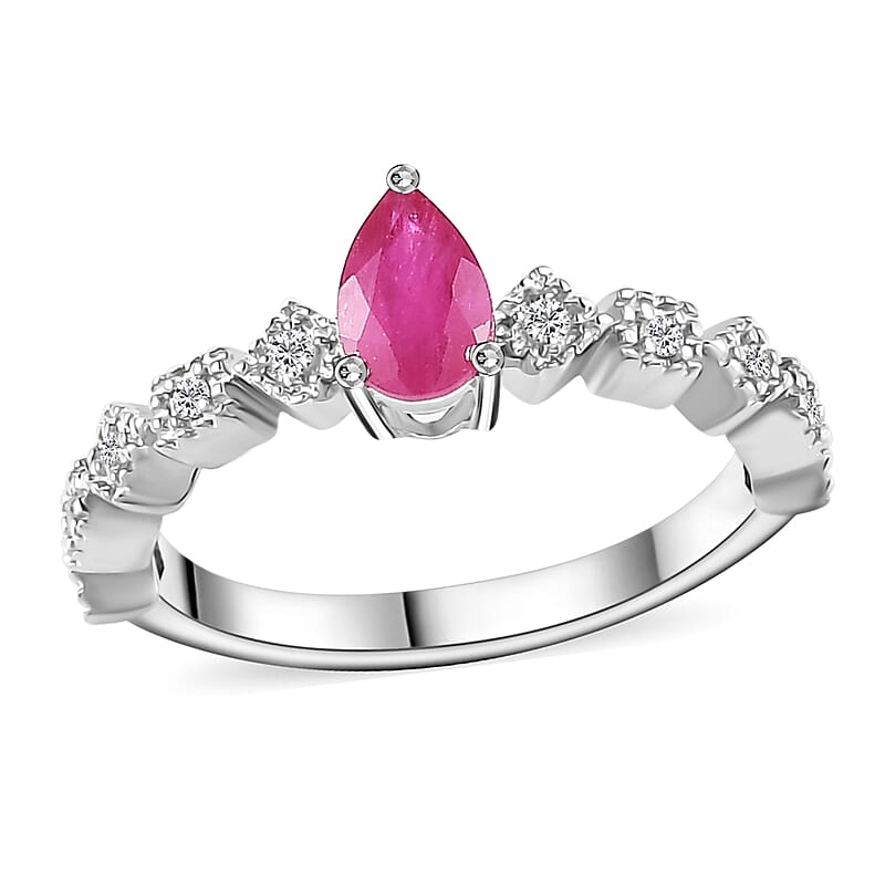Montepuez Ruby and White Zircon Art Deco Ring in Rhodium Over Sterling Silver (Size 5.0) 0.65 ctw