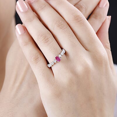 Montepuez Ruby and White Zircon Art Deco Ring in Rhodium Over Sterling Silver (Size 5.0) 0.65 ctw