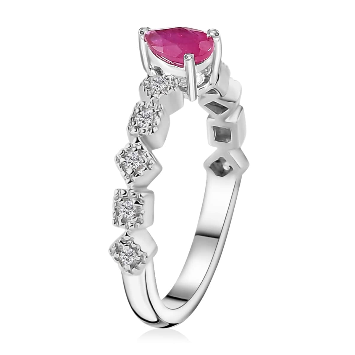 Montepuez Ruby and White Zircon Art Deco Ring in Rhodium Over Sterling Silver (Size 5.0) 0.65 ctw image number 3