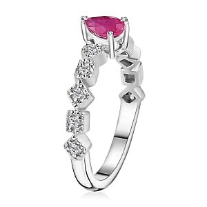 Montepuez Ruby and White Zircon Art Deco Ring in Rhodium Over Sterling Silver (Size 7.0) 0.65 ctw