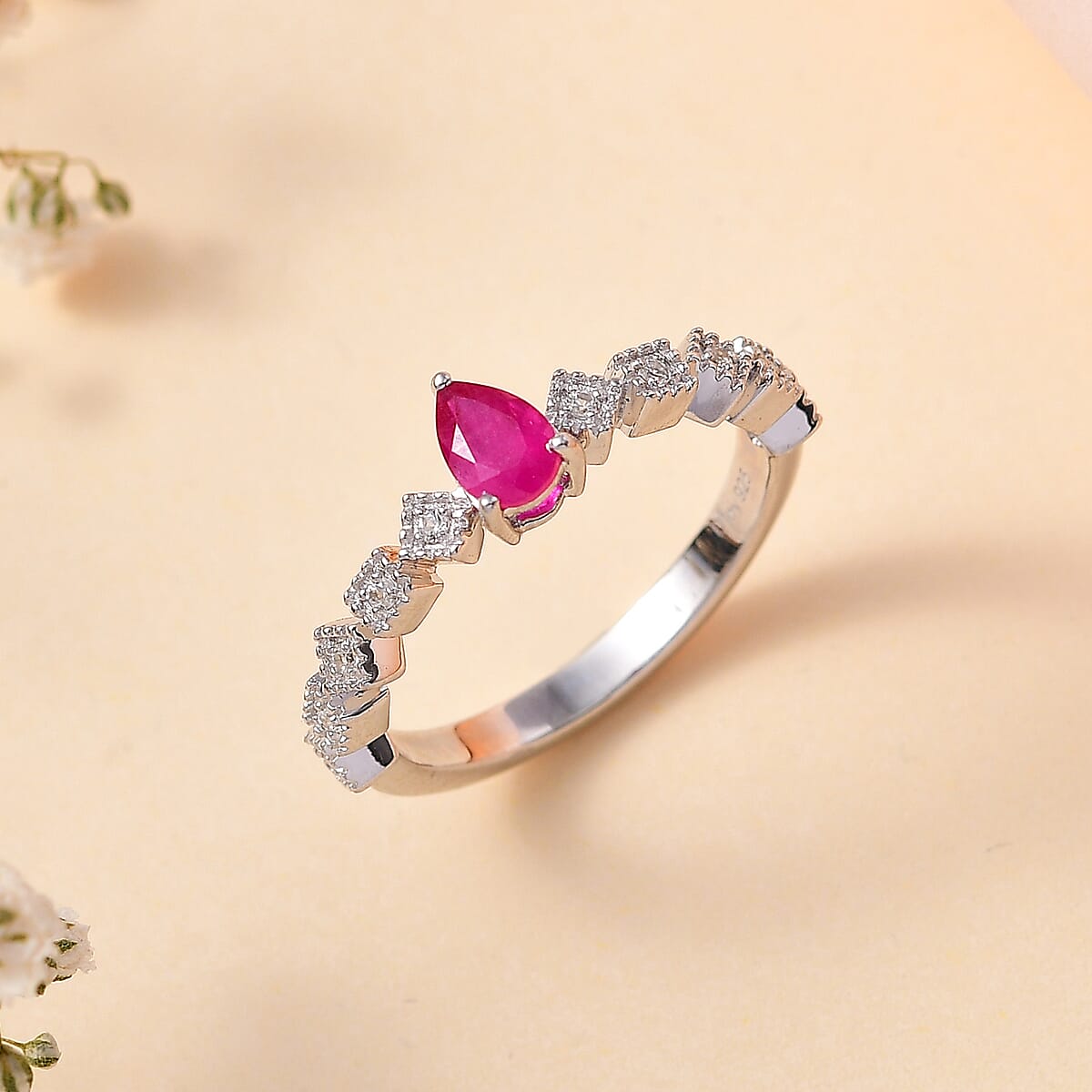 Montepuez Ruby and White Zircon Art Deco Ring in Rhodium Over Sterling Silver (Size 10.0) 0.65 ctw image number 1