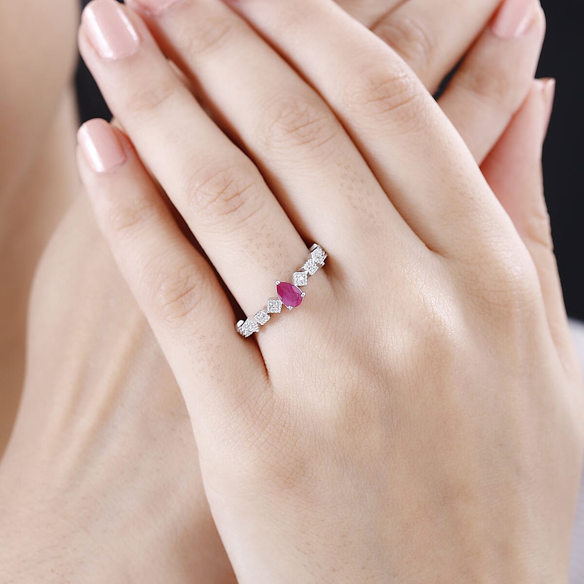 Montepuez Ruby and White Zircon Art Deco Ring in Rhodium Over Sterling Silver (Size 10.0) 0.65 ctw image number 2