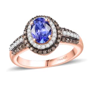 AAA Tanzanite, Natural Champagne and White Diamond Double Halo Ring in 18K Vermeil Rose Gold Over Sterling Silver (Size 5.0) 1.60 ctw