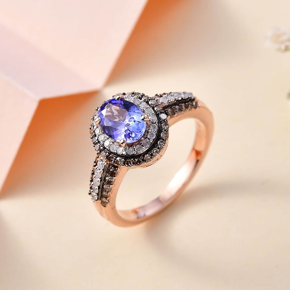 AAA Tanzanite, Natural Champagne and White Diamond Double Halo Ring in 18K Vermeil Rose Gold Over Sterling Silver (Size 5.0) 1.60 ctw image number 1