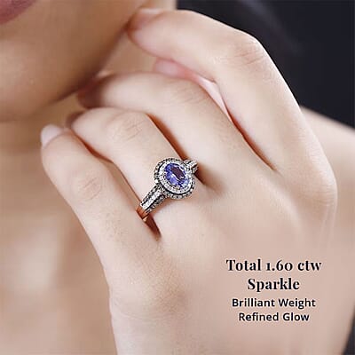 AAA Tanzanite, Natural Champagne and White Diamond Double Halo Ring in 18K Vermeil Rose Gold Over Sterling Silver (Size 5.0) 1.60 ctw