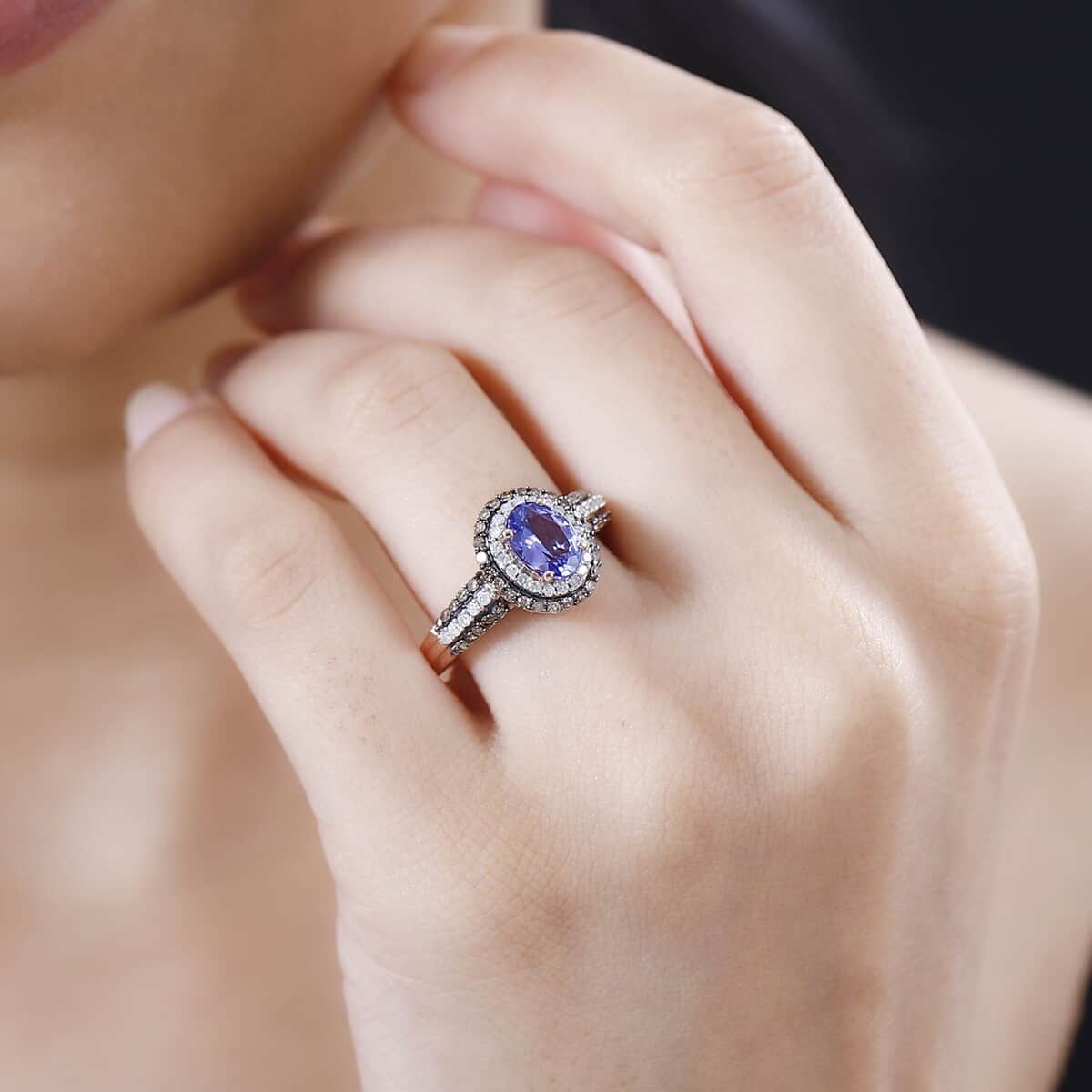 AAA Tanzanite, Natural Champagne and White Diamond Double Halo Ring in 18K Vermeil Rose Gold Over Sterling Silver (Size 5.0) 1.60 ctw image number 2