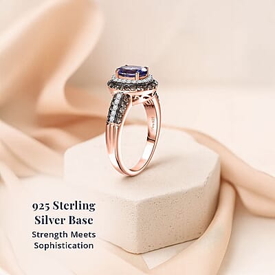 AAA Tanzanite, Natural Champagne and White Diamond Double Halo Ring in 18K Vermeil Rose Gold Over Sterling Silver (Size 5.0) 1.60 ctw