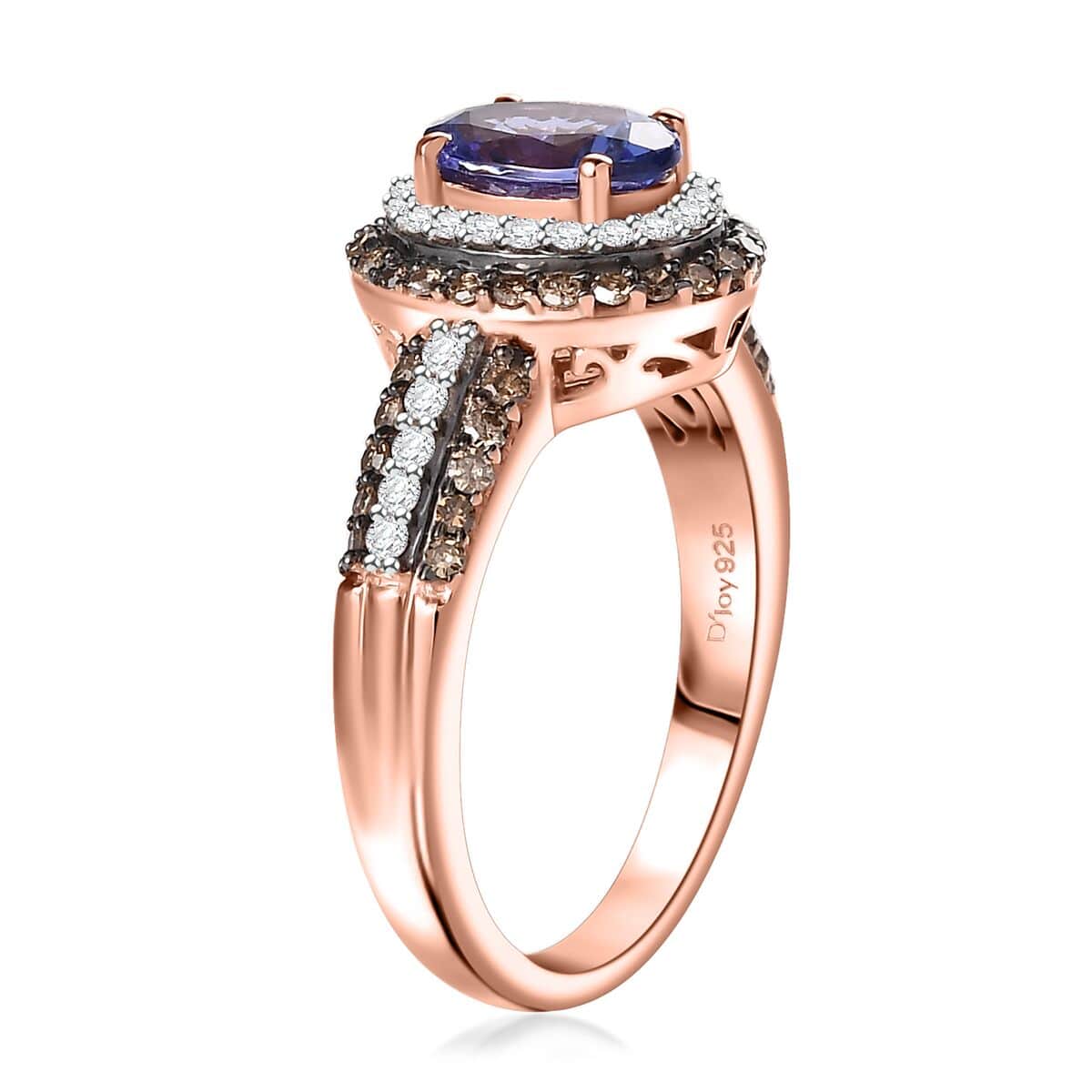 AAA Tanzanite, Natural Champagne and White Diamond Double Halo Ring in 18K Vermeil Rose Gold Over Sterling Silver (Size 5.0) 1.60 ctw image number 3