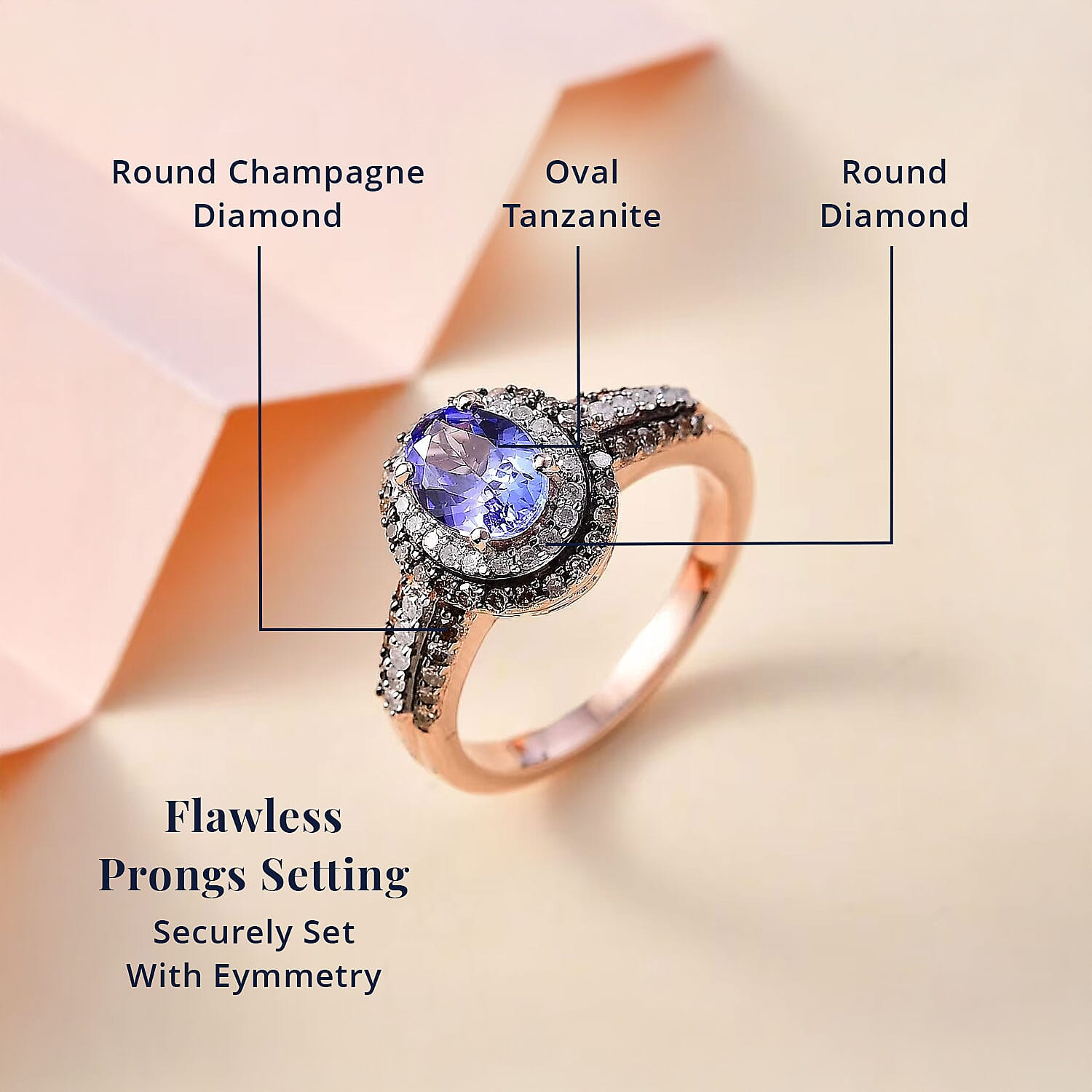 AAA Tanzanite, Natural Champagne and White Diamond Double Halo Ring in 18K Vermeil Rose Gold Over Sterling Silver (Size 5.0) 1.60 ctw
