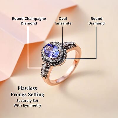 AAA Tanzanite, Natural Champagne and White Diamond Double Halo Ring in 18K Vermeil Rose Gold Over Sterling Silver (Size 5.0) 1.60 ctw