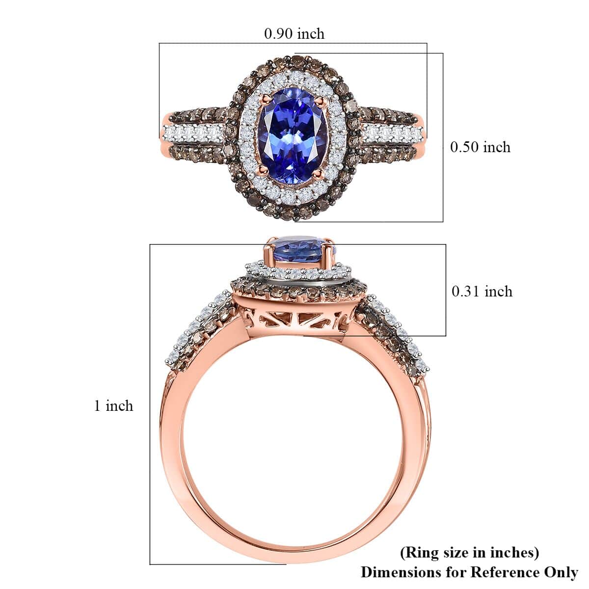 AAA Tanzanite, Natural Champagne and White Diamond Double Halo Ring in 18K Vermeil Rose Gold Over Sterling Silver (Size 5.0) 1.60 ctw image number 5