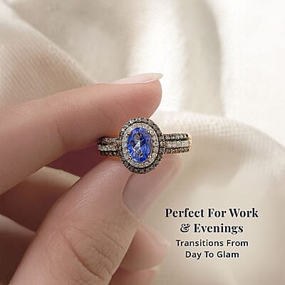 AAA Tanzanite, Natural Champagne and White Diamond Double Halo Ring in 18K Vermeil Rose Gold Over Sterling Silver (Size 5.0) 1.60 ctw