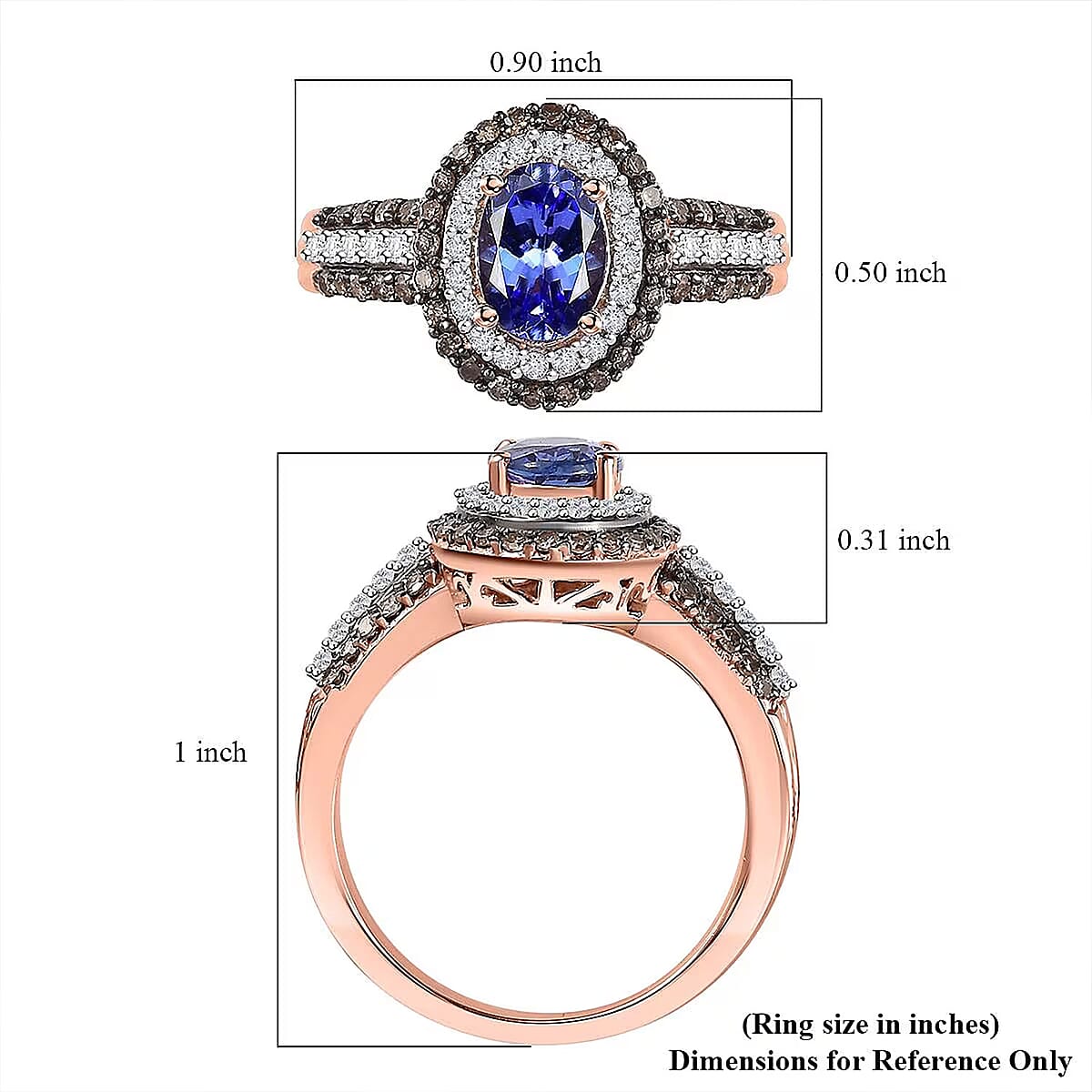 AAA Tanzanite, Natural Champagne and White Diamond Double Halo Ring in 18K Vermeil Rose Gold Over Sterling Silver (Size 5.0) 1.60 ctw image number 6