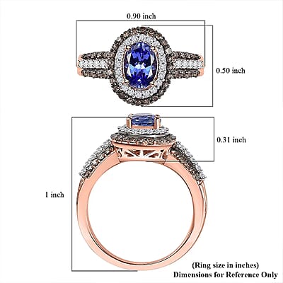 AAA Tanzanite, Natural Champagne and White Diamond Double Halo Ring in 18K Vermeil Rose Gold Over Sterling Silver (Size 5.0) 1.60 ctw
