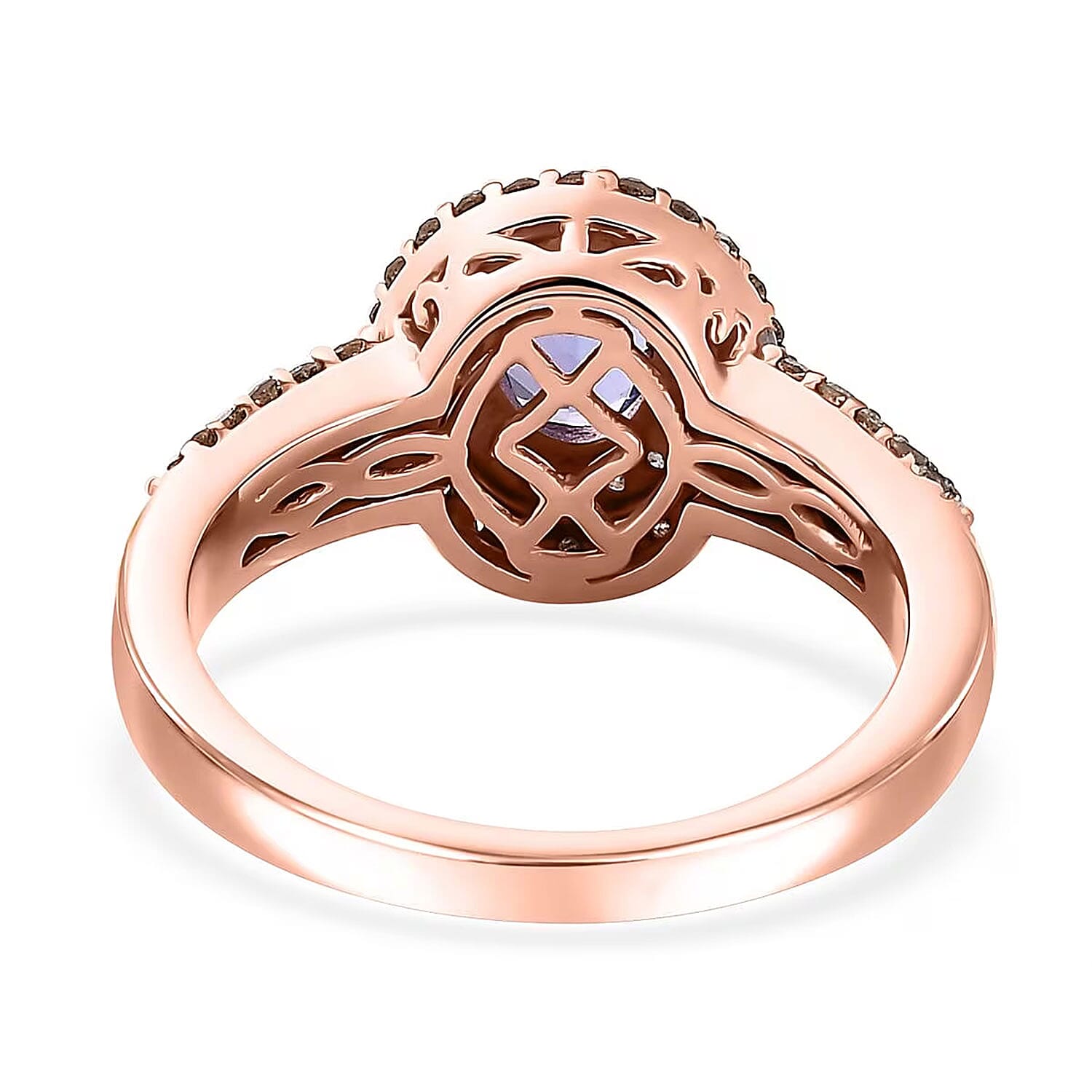 AAA Tanzanite, Natural Champagne and White Diamond Double Halo Ring in 18K Vermeil Rose Gold Over Sterling Silver (Size 5.0) 1.60 ctw
