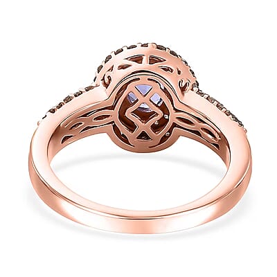 AAA Tanzanite, Natural Champagne and White Diamond Double Halo Ring in 18K Vermeil Rose Gold Over Sterling Silver (Size 5.0) 1.60 ctw