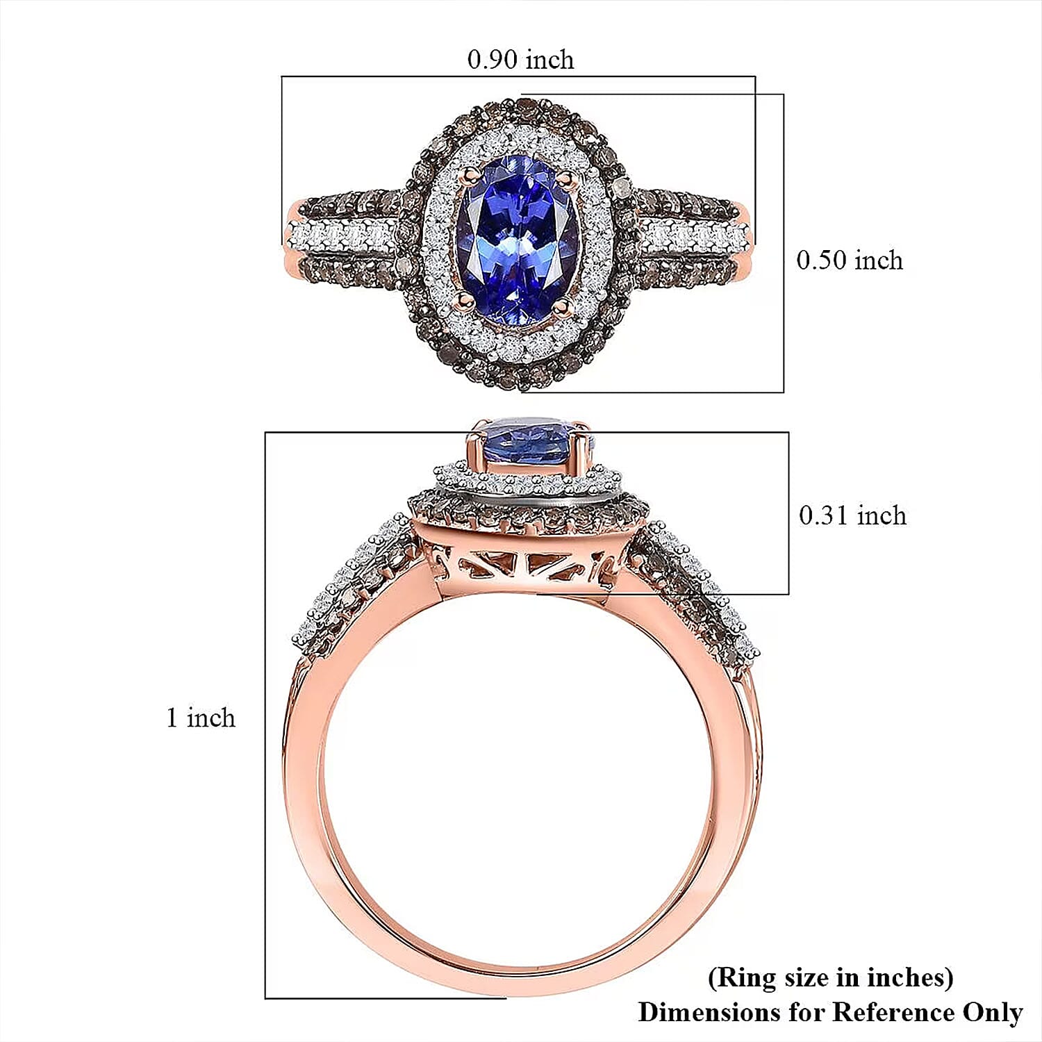 AAA Tanzanite, Natural Champagne and White Diamond Double Halo Ring in 18K Vermeil Rose Gold Over Sterling Silver (Size 6.0) 1.60 ctw