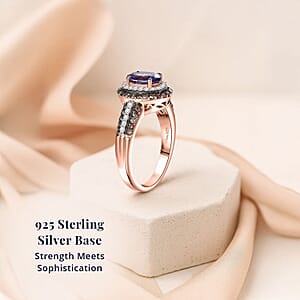 D'Joy AAA Tanzanite, Natural Champagne and White Diamond Double Halo Ring in 18K Vermeil Rose Gold Over Sterling Silver (Size 7.0) 1.60 ctw