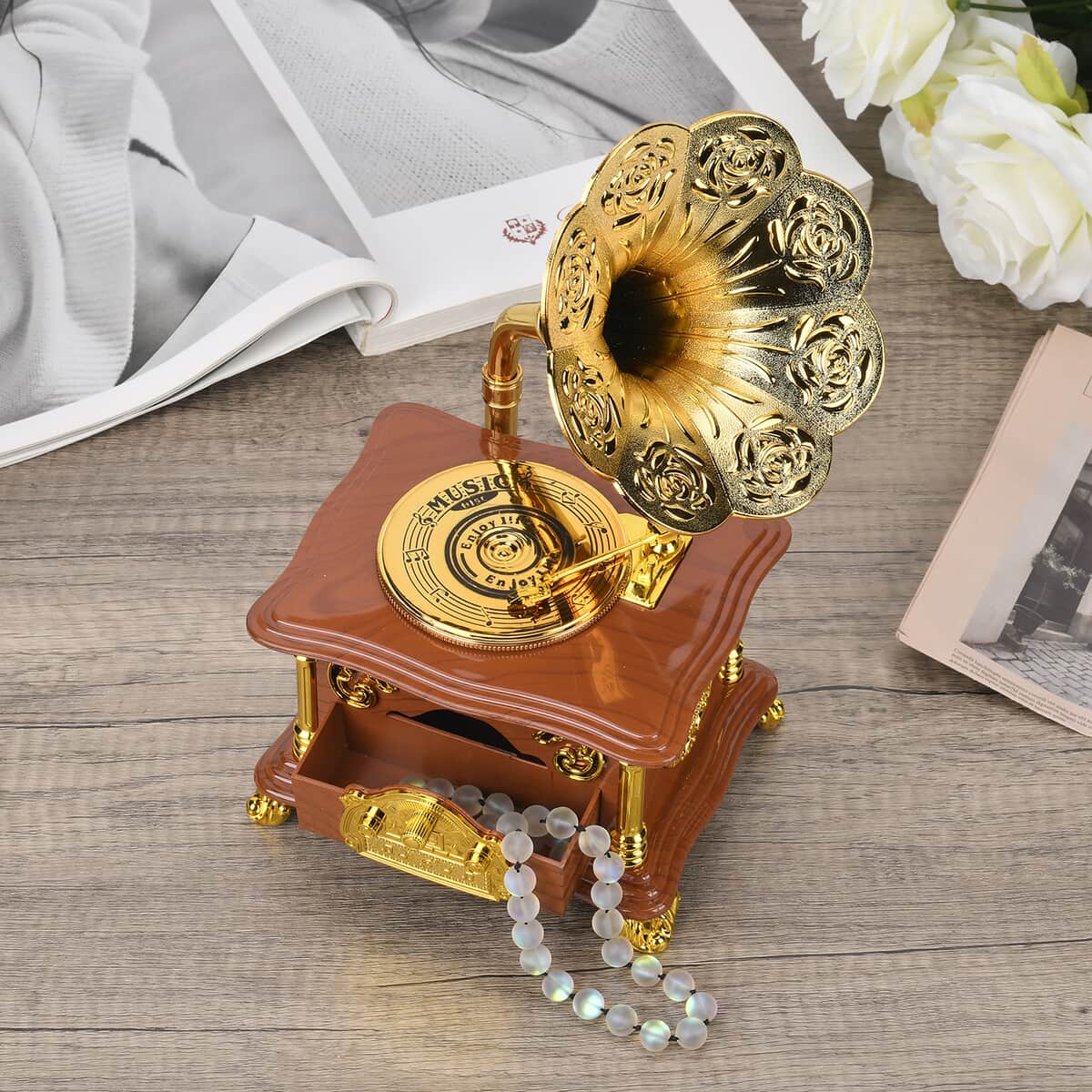 Retro Phonograph Music Box with Drawer (5.12"x4.33"x8.66") (Battery not Included) image number 1