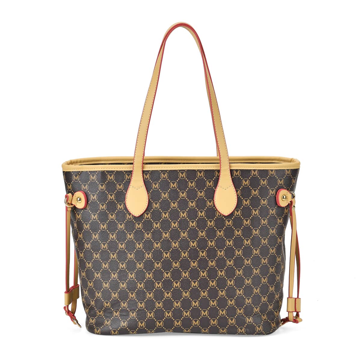 Coffee with M Logo Print Faux Leather Tote Bag with Apricot Handle image number 0