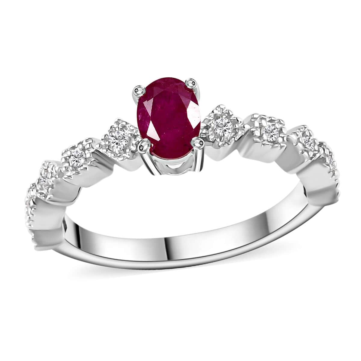 Montepuez Ruby and White Zircon Art Deco Ring in Rhodium Over Sterling Silver (Size 8.0) 0.70 ctw image number 0