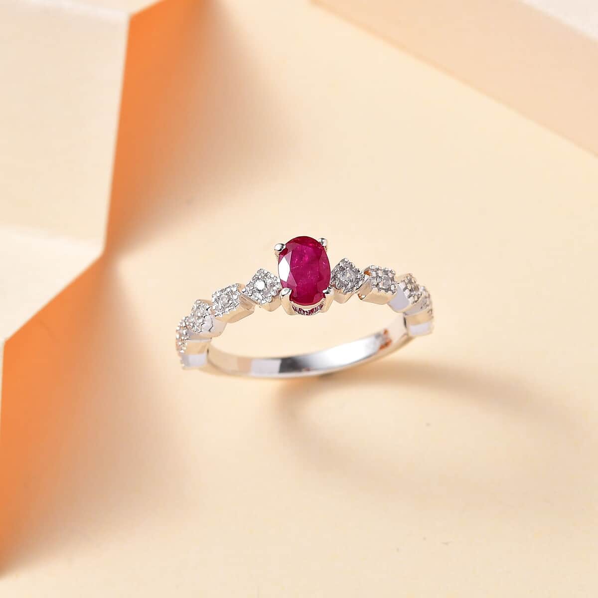 Montepuez Ruby and White Zircon Art Deco Ring in Rhodium Over Sterling Silver (Size 8.0) 0.70 ctw image number 1