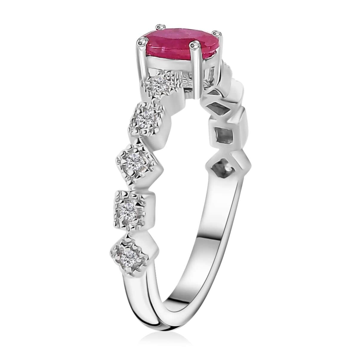 Montepuez Ruby and White Zircon Art Deco Ring in Rhodium Over Sterling Silver (Size 8.0) 0.70 ctw image number 3