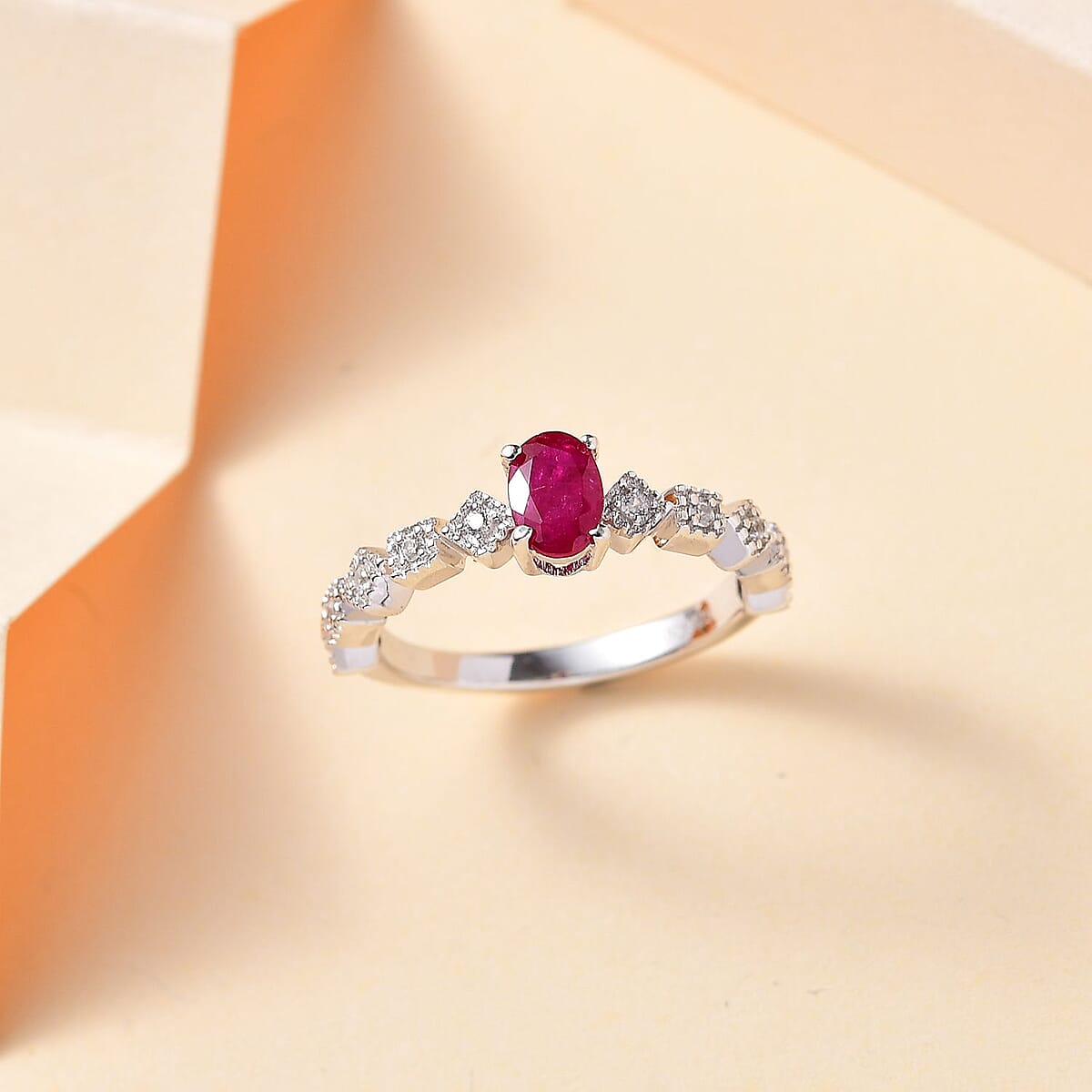Montepuez Ruby and White Zircon Art Deco Ring in Rhodium Over Sterling Silver (Size 9.0) 0.70 ctw image number 1
