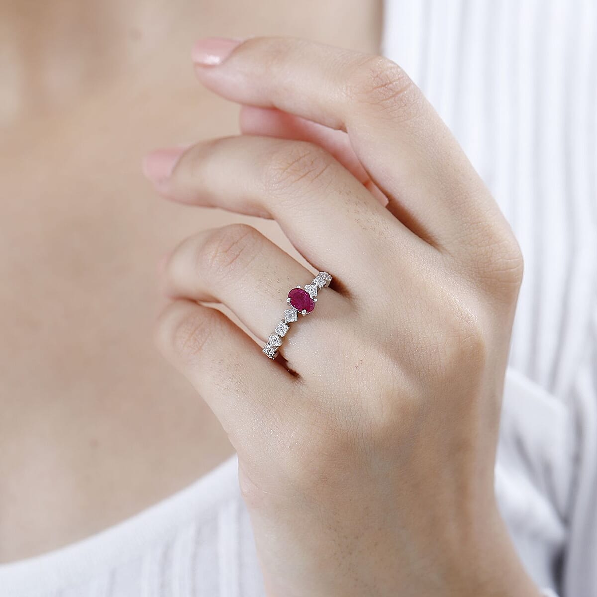 Montepuez Ruby and White Zircon Art Deco Ring in Rhodium Over Sterling Silver (Size 9.0) 0.70 ctw image number 2
