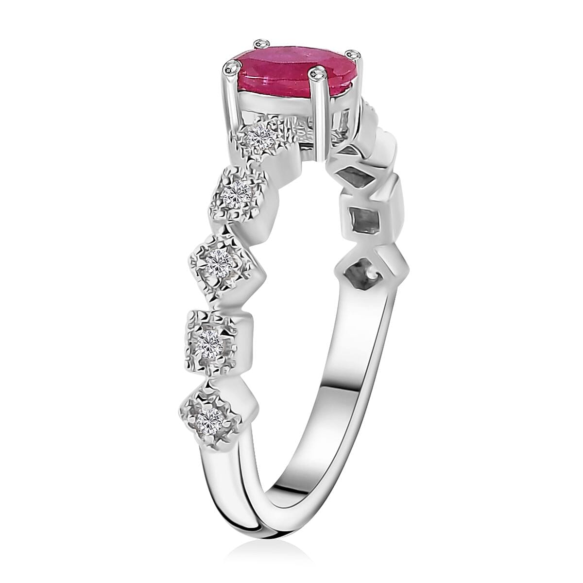 Montepuez Ruby and White Zircon Art Deco Ring in Rhodium Over Sterling Silver (Size 9.0) 0.70 ctw image number 3