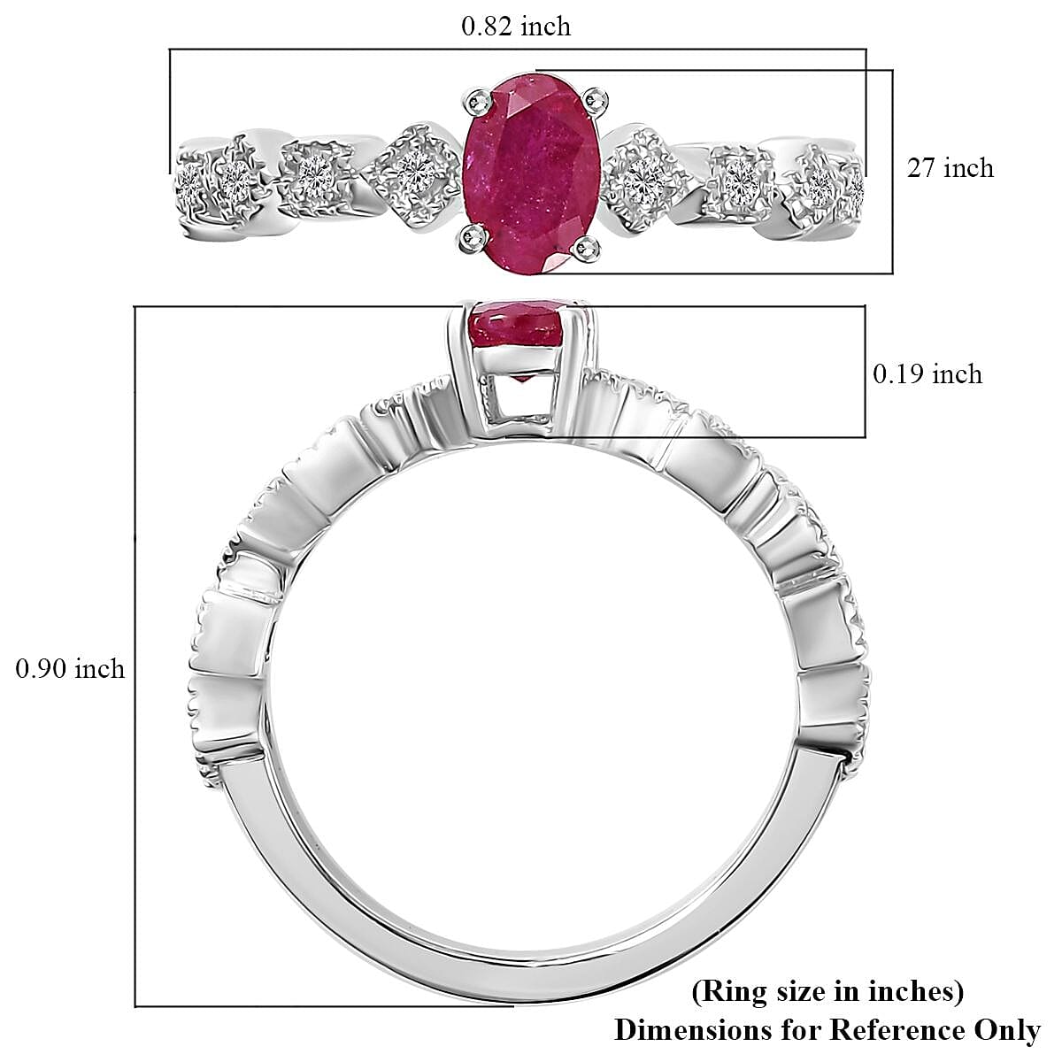 Montepuez Ruby and White Zircon Art Deco Ring in Rhodium Over Sterling Silver (Size 9.0) 0.70 ctw image number 5