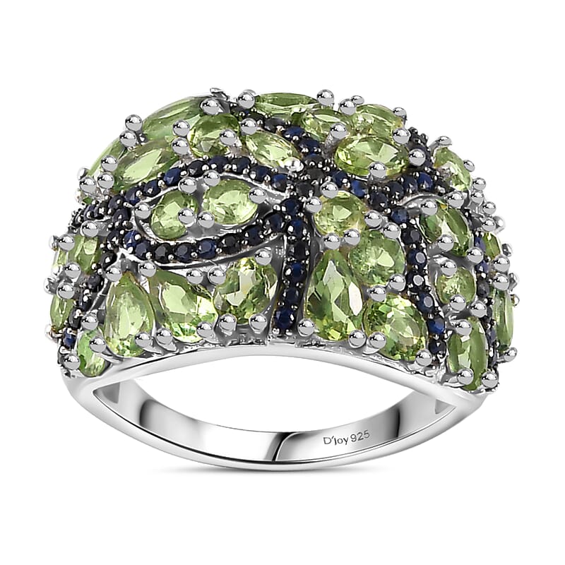 Andranomaro Green Apatite and Blue Sapphire Mangrove Maze Ring in Rhodium Over Sterling Silver (Size 5.0) 5.40 ctw