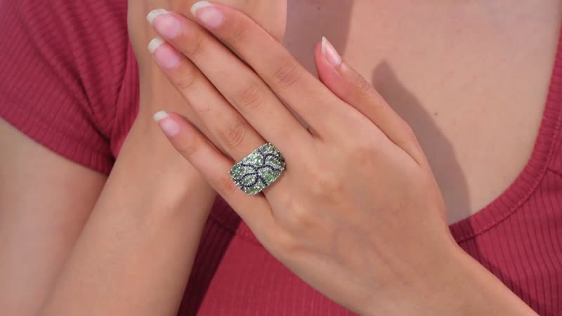 Premium Natural Green Apatite, Blue Sapphire Ring in Rhodium Over Sterling Silver (Size 5.0) 5.40 ctw
