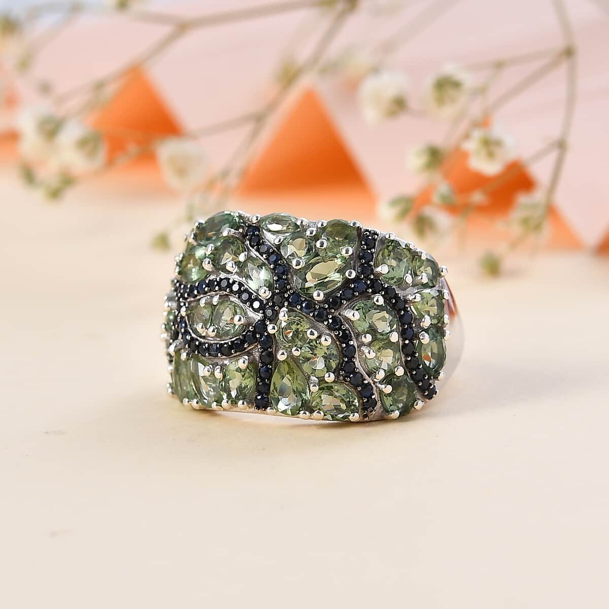 Andranomaro Green Apatite and Blue Sapphire Mangrove Maze Ring in Rhodium Over Sterling Silver (Size 5.0) 5.40 ctw image number 1