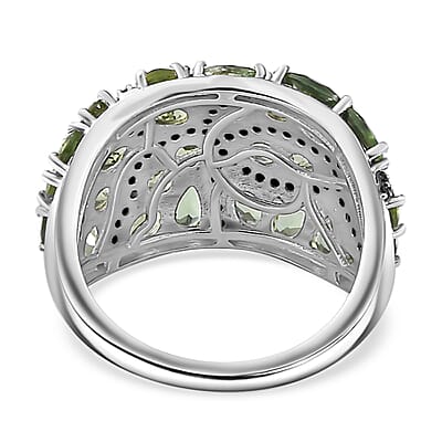 Andranomaro Green Apatite and Blue Sapphire Mangrove Maze Ring in Rhodium Over Sterling Silver (Size 5.0) 5.40 ctw