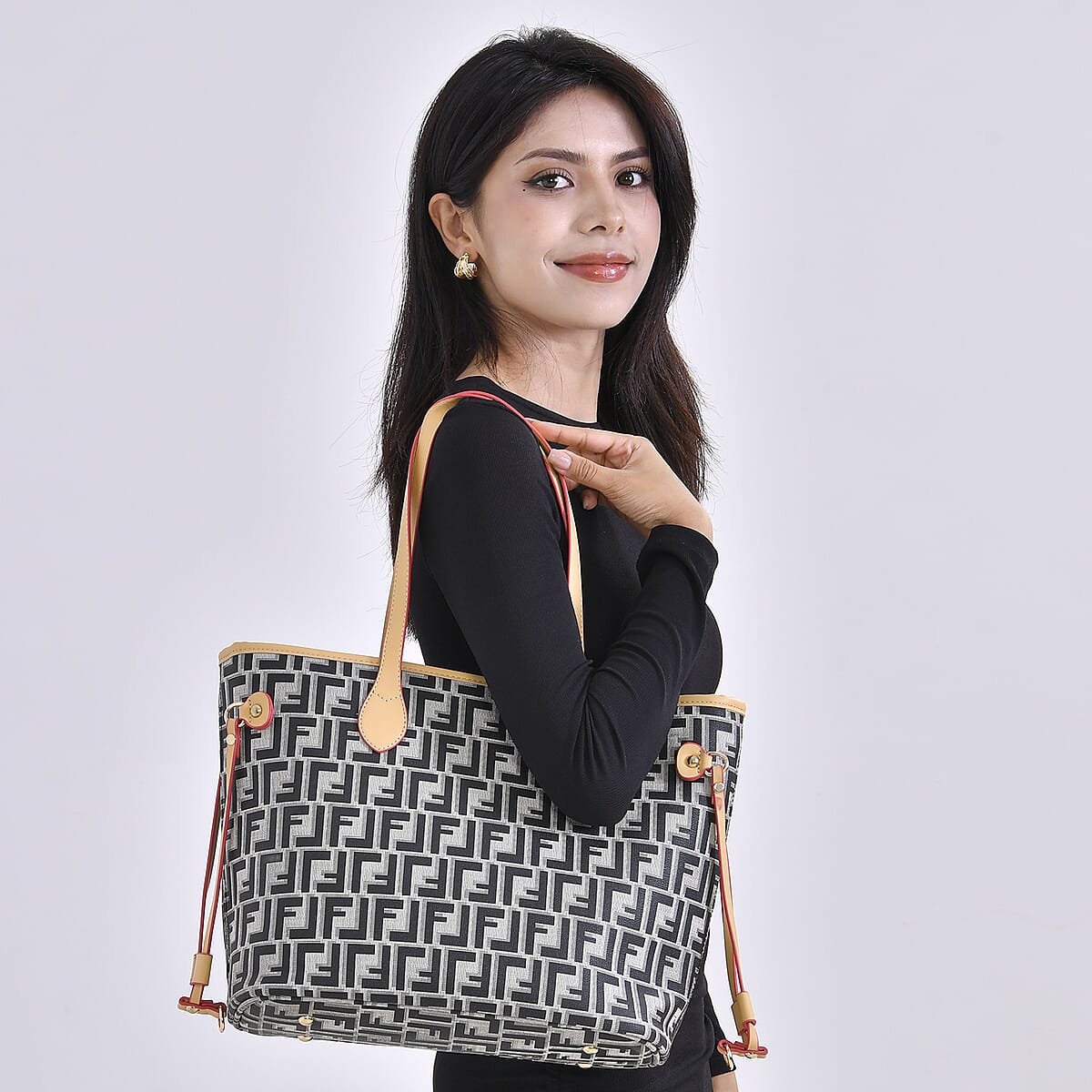 Black and White with L Logo Print Faux Leather Tote Bag with Apricot Handle image number 1