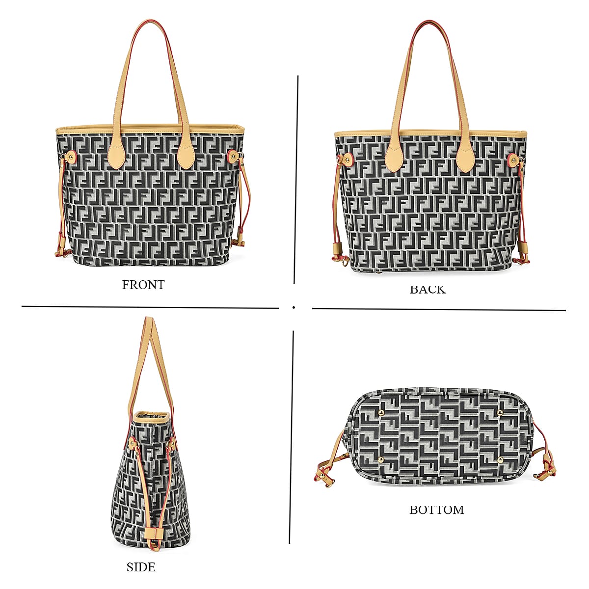 Black and White with L Logo Print Faux Leather Tote Bag with Apricot Handle image number 3