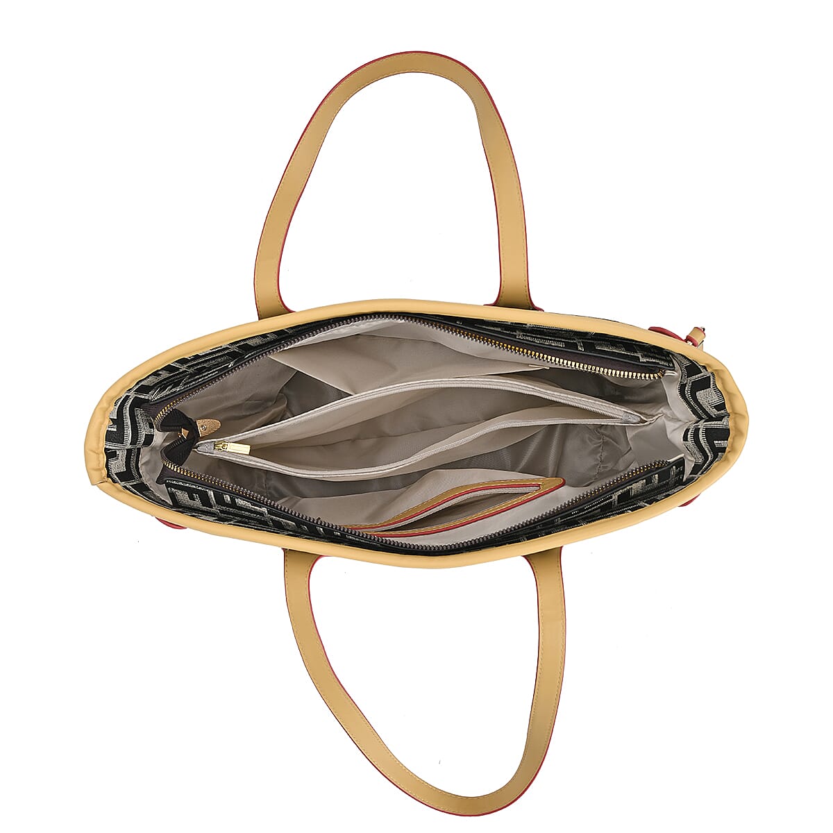 Black and White with L Logo Print Faux Leather Tote Bag with Apricot Handle image number 4