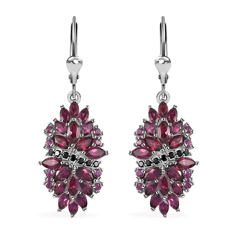 Orissa Rhodolite Garnet and Thai Black Spinel Mums Flower Earrings in Rhodium Over Sterling Silver 6.35 ctw