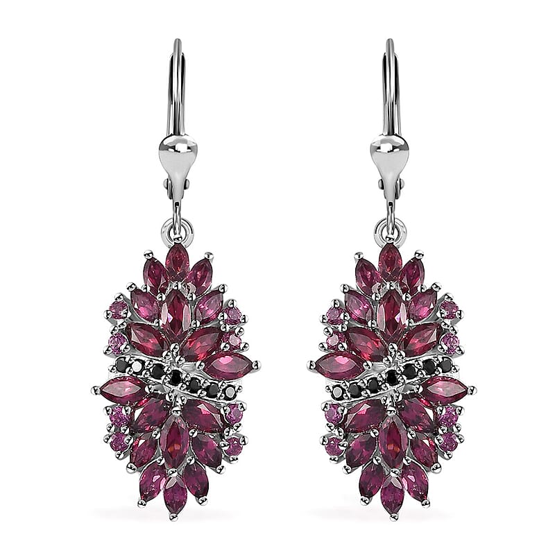 Orissa Rhodolite Garnet and Thai Black Spinel Mums Flower Earrings in Rhodium Over Sterling Silver 6.35 ctw