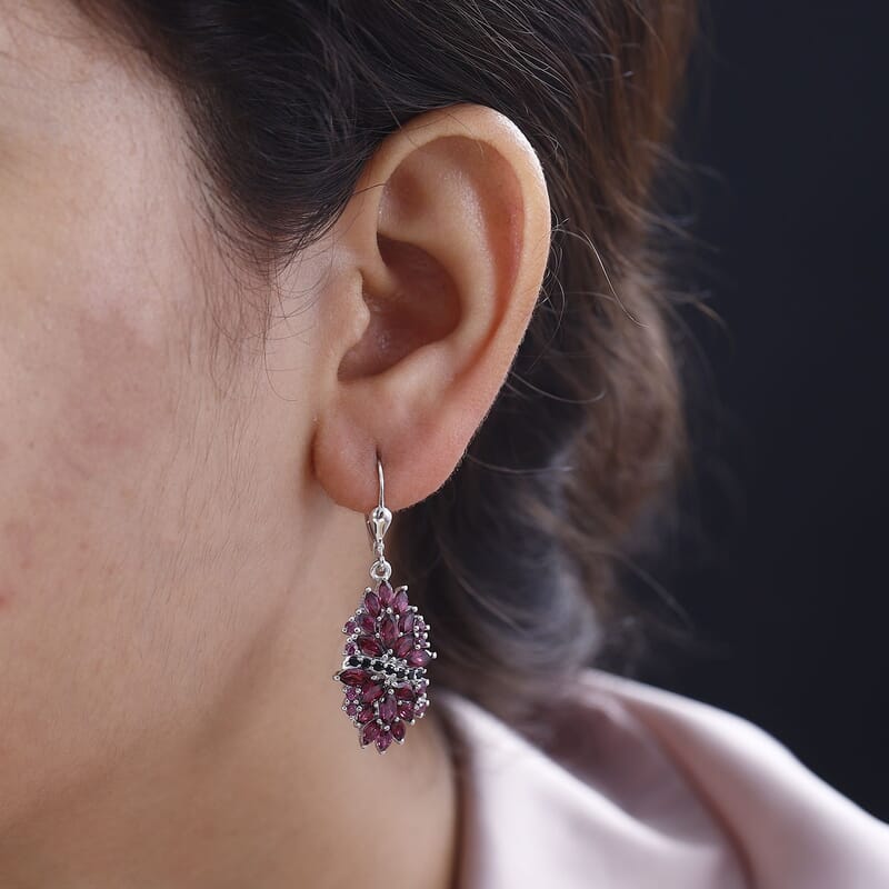 Orissa Rhodolite Garnet and Thai Black Spinel Mums Flower Earrings in Rhodium Over Sterling Silver 6.35 ctw