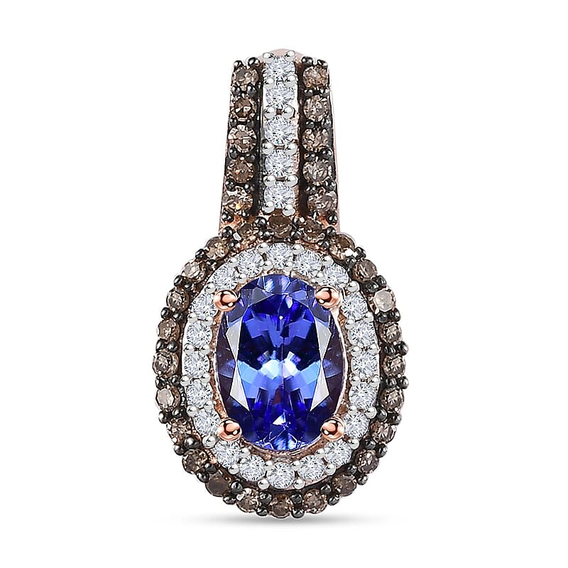 AAA Tanzanite, Natural Champagne and White Diamond Double Halo Pendant in 18K Vermeil Rose Gold Over Sterling Silver 1.40 ctw