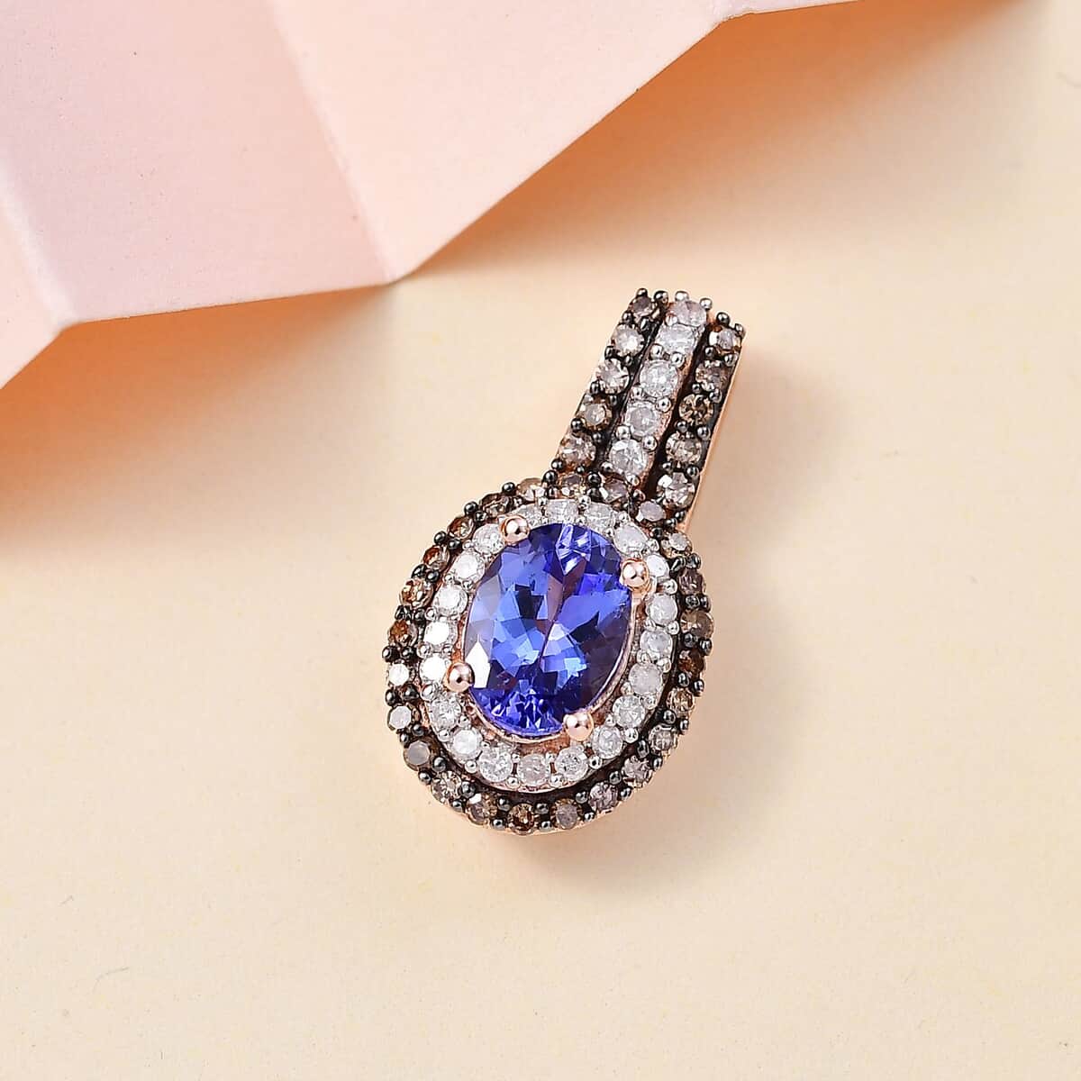 AAA Tanzanite, Natural Champagne and White Diamond Double Halo Pendant in 18K Vermeil Rose Gold Over Sterling Silver 1.40 ctw (Del. in 8-10 Days) image number 1