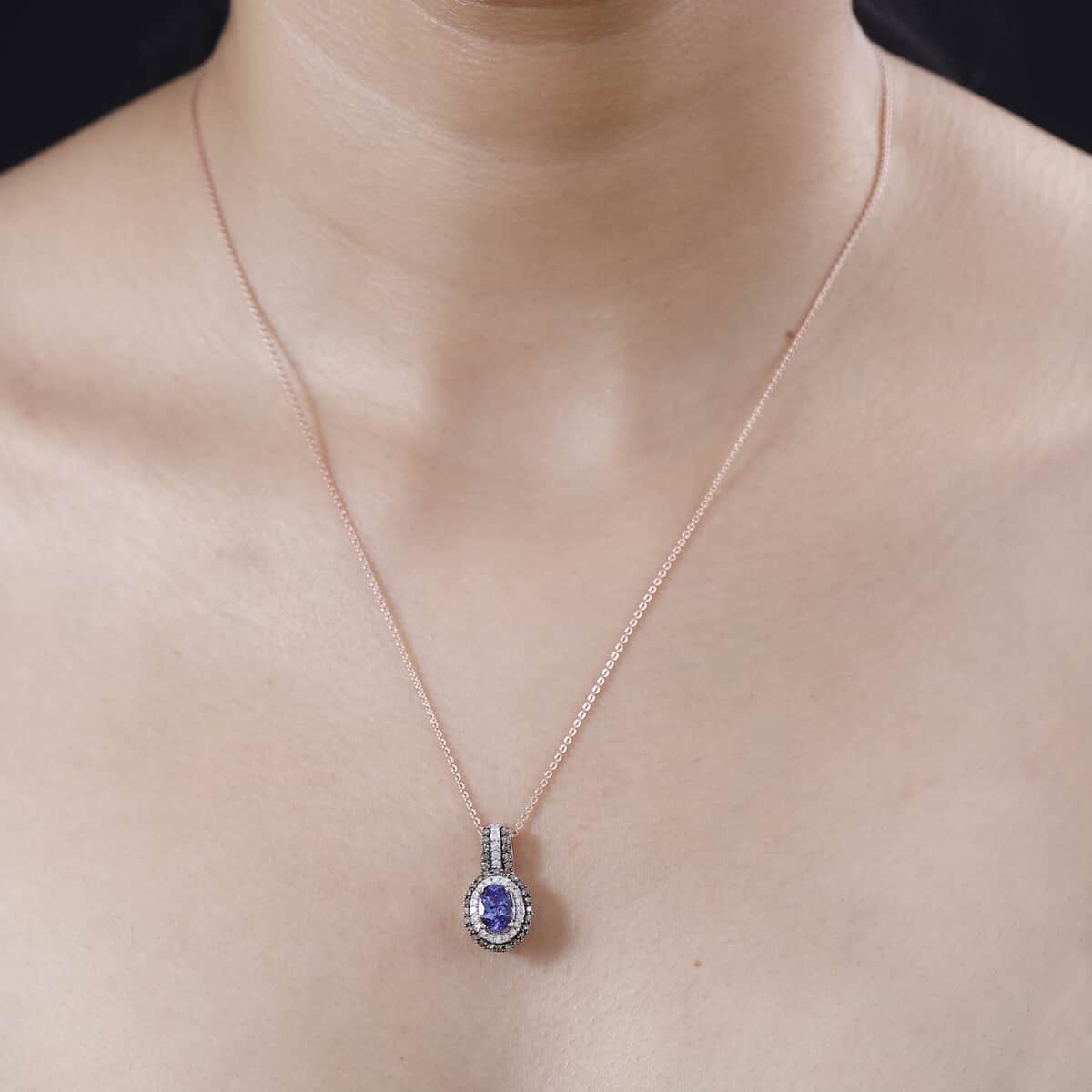 AAA Tanzanite, Natural Champagne and White Diamond Double Halo Pendant in 18K Vermeil Rose Gold Over Sterling Silver 1.40 ctw (Del. in 8-10 Days) image number 2