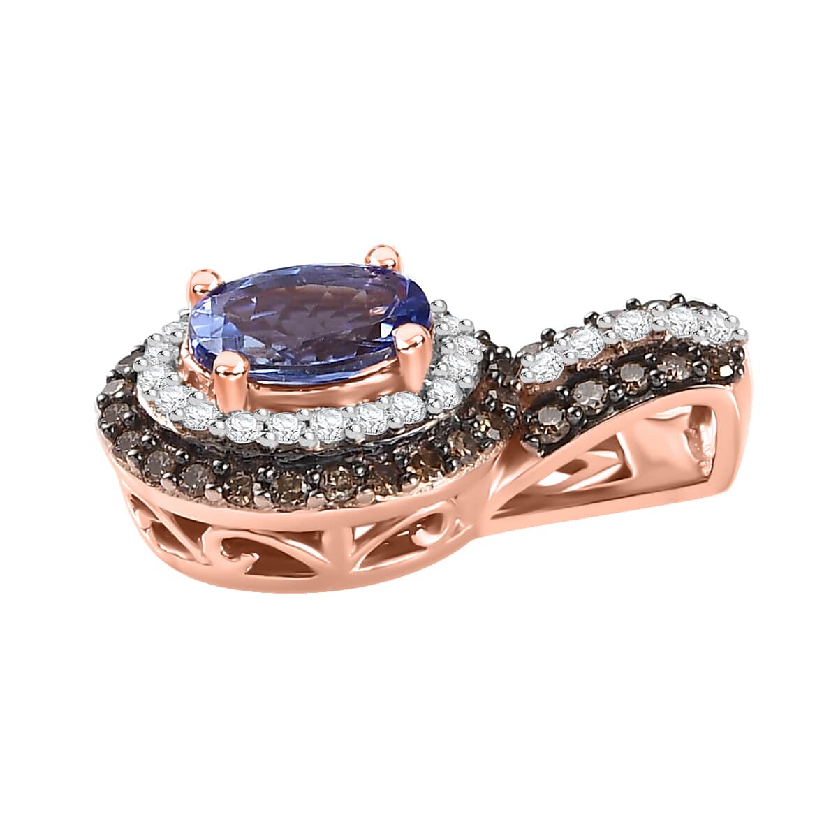 AAA Tanzanite, Natural Champagne and White Diamond Double Halo Pendant in 18K Vermeil Rose Gold Over Sterling Silver 1.40 ctw (Del. in 8-10 Days) image number 3