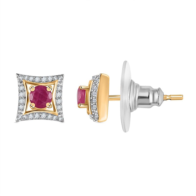 Montepuez Ruby and White Zircon Stud Earrings in 18K Vermeil Yellow Gold Over Sterling Silver 0.75 ctw