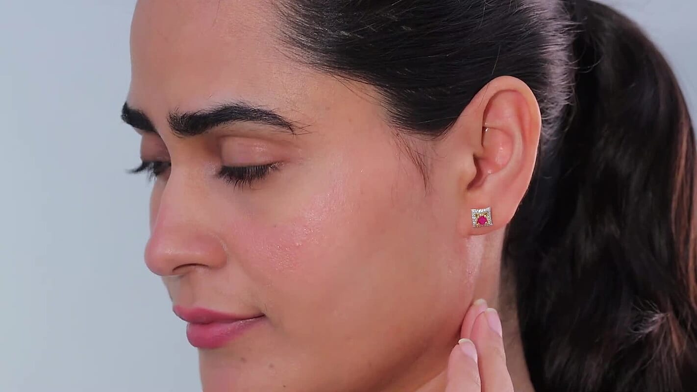 Montepuez Ruby and White Zircon Stud Earrings in 18K Vermeil Yellow Gold Over Sterling Silver 0.75 ctw