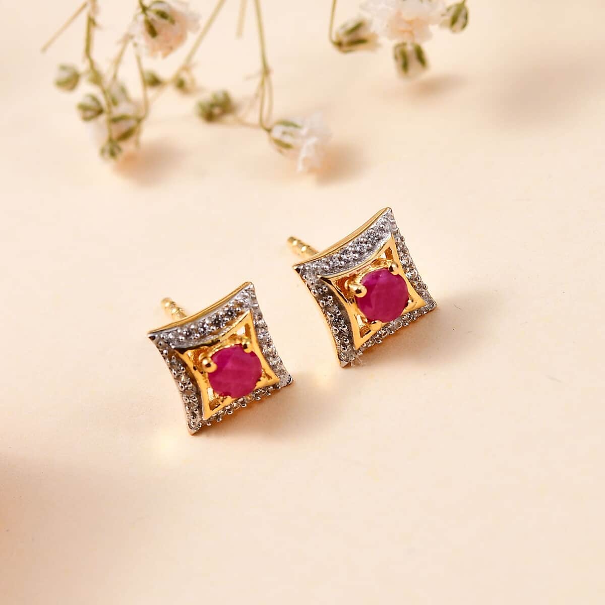 Montepuez Ruby and White Zircon Stud Earrings in 18K Vermeil Yellow Gold Over Sterling Silver 0.75 ctw image number 1