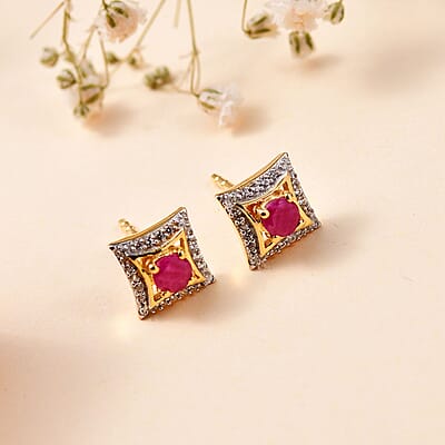 Montepuez Ruby and White Zircon Stud Earrings in 18K Vermeil Yellow Gold Over Sterling Silver 0.75 ctw