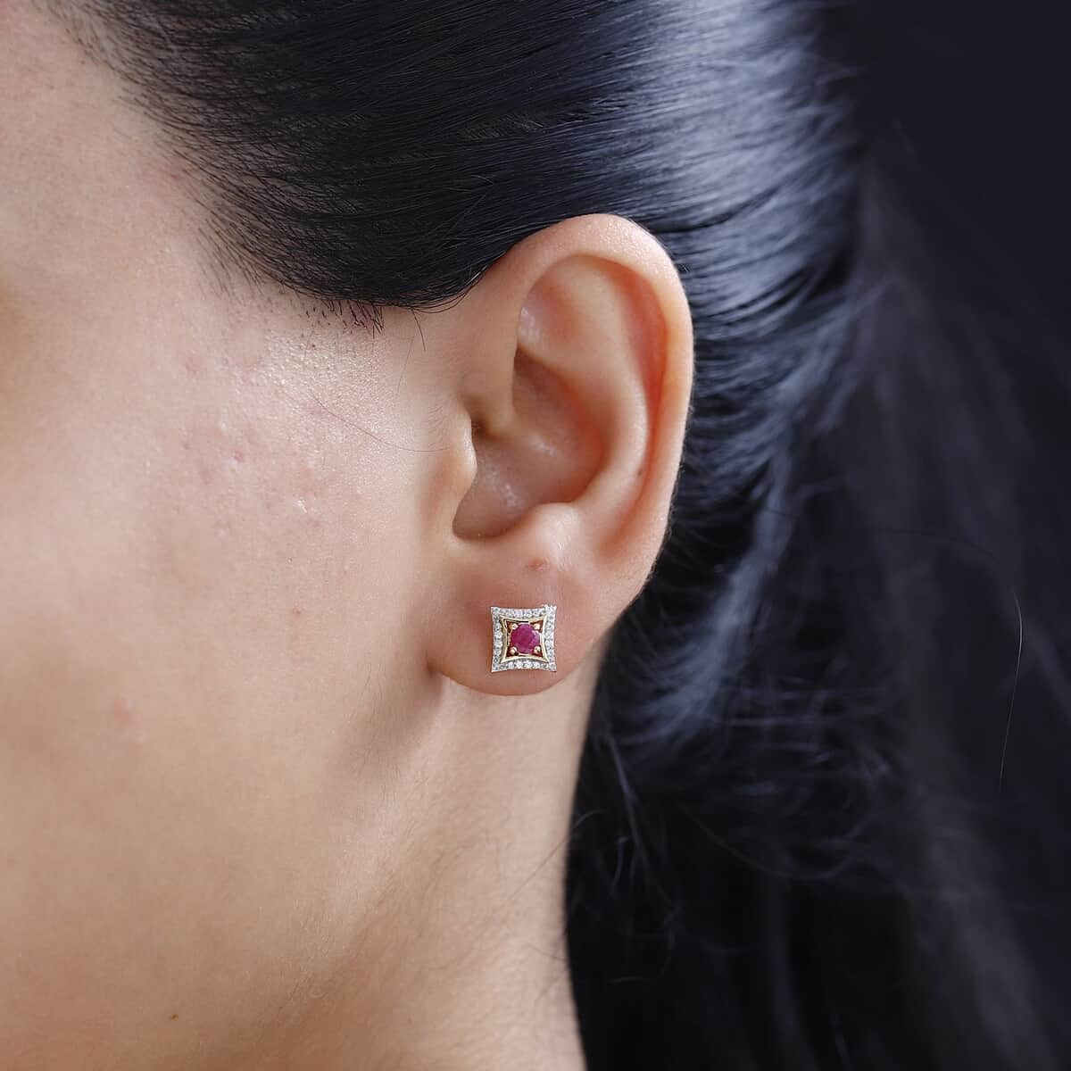 Montepuez Ruby and White Zircon Stud Earrings in 18K Vermeil Yellow Gold Over Sterling Silver 0.75 ctw image number 2